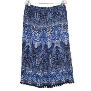 J. Jill Midi Lined Skirt Blue Paisley Elastic Waist Tassel Hem Boho